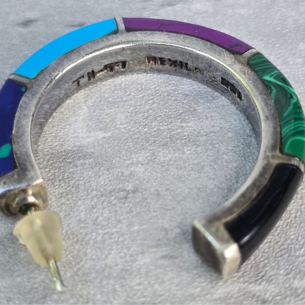 Mexico 950 Silver Multi Stone Inlay Hoop Earrings TN-57 Turquoise Malachite 14g - Picture 6 of 14